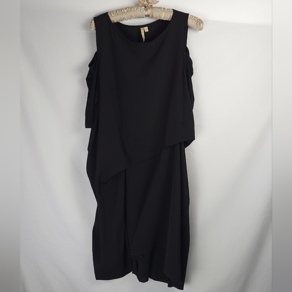 Comfy USA Black Cold Shoulder Draping Asymmetrical Artsy Chic Midi Dress Sz Med - Picture 4 of 9